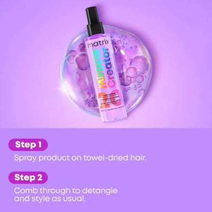 Matrix Miracle Creator hair product with usage instructions on a purple background
