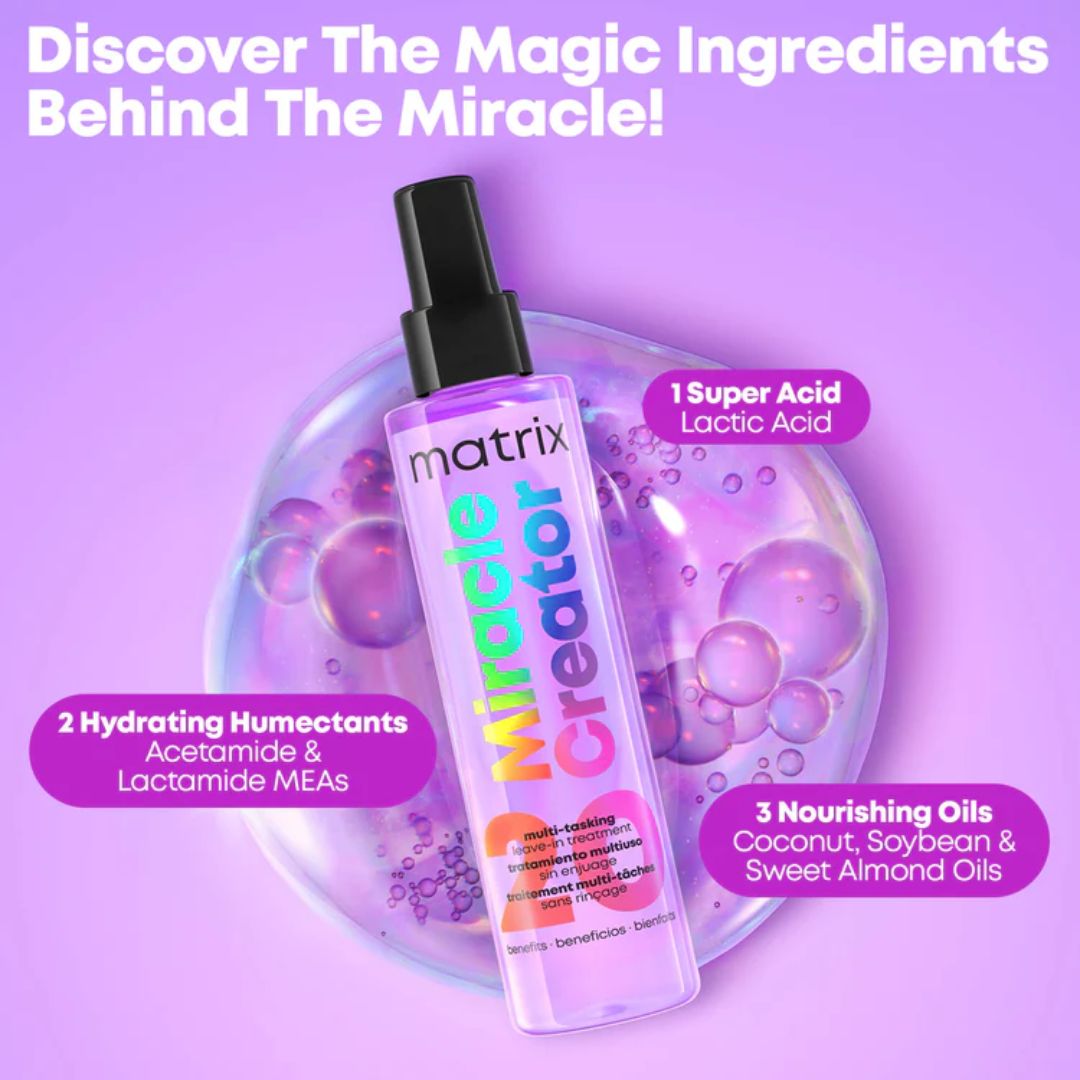 Matrix Miracle Creator hair product with ingredients listed on a purple background