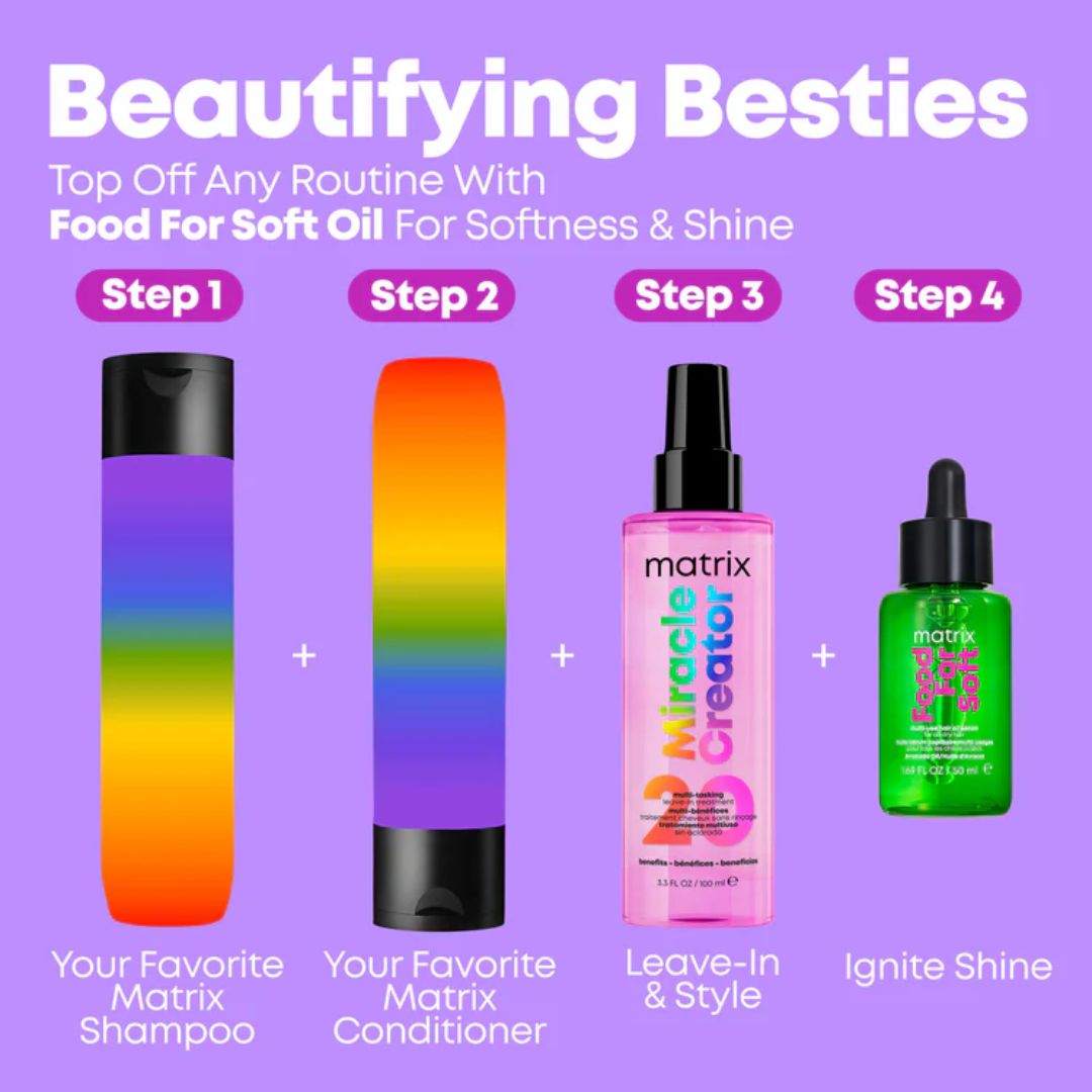 Matrix hair care product lineup with step-by-step instructions on a purple background
