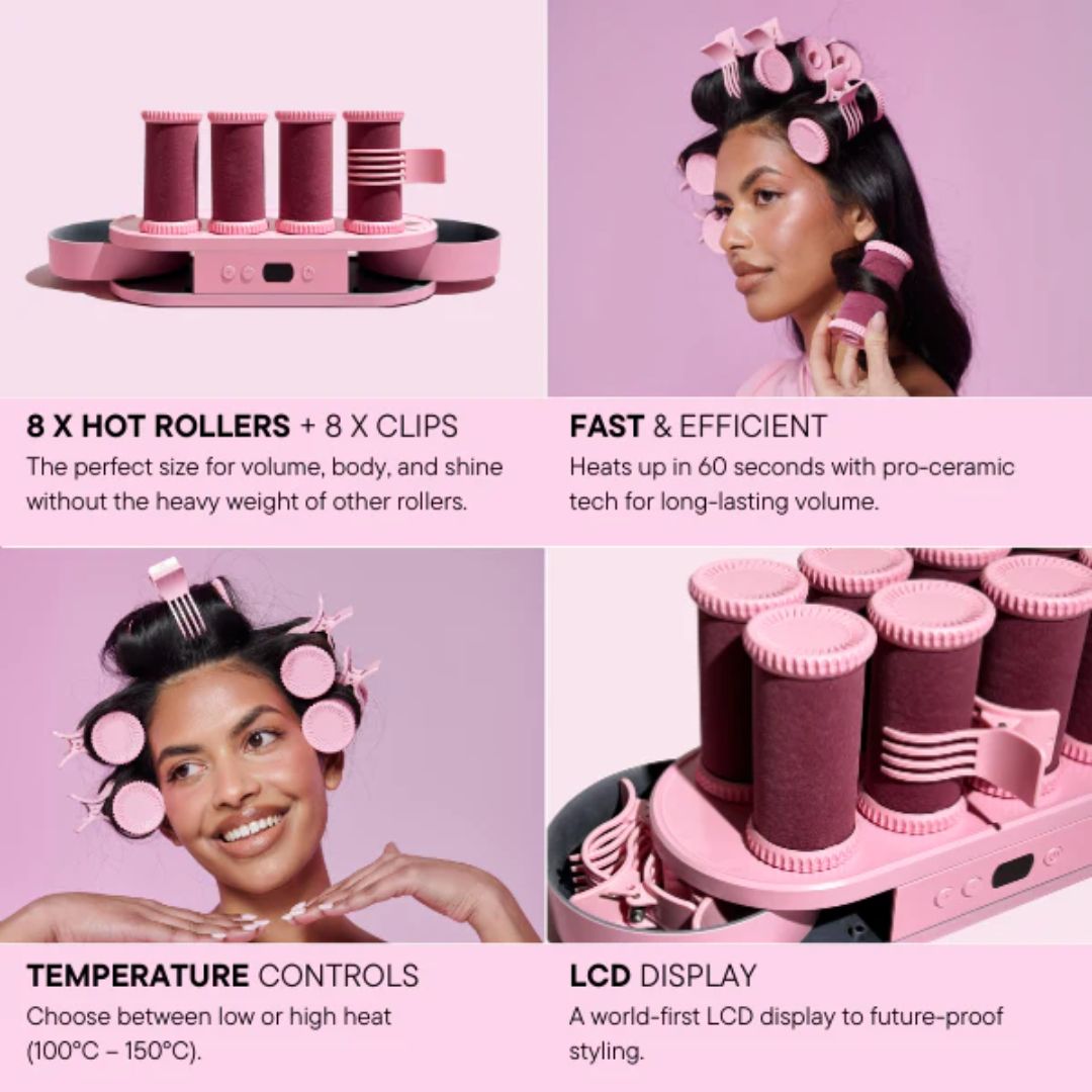 Hot rollers with clips and display on a pink background