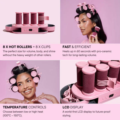 Hot rollers with clips and display on a pink background