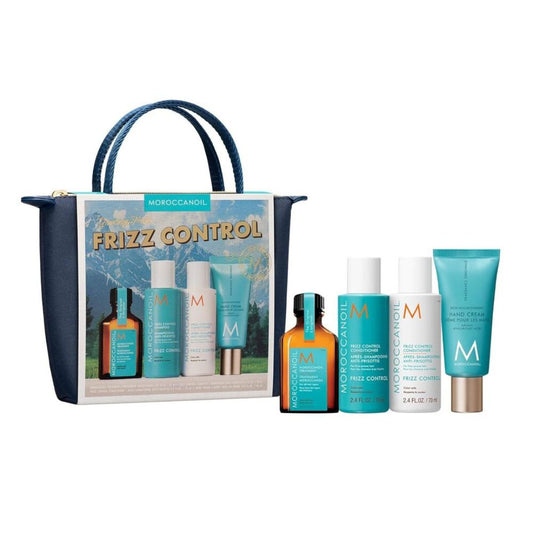 Moroccanoil frizz control product set with a tote bag on a white background