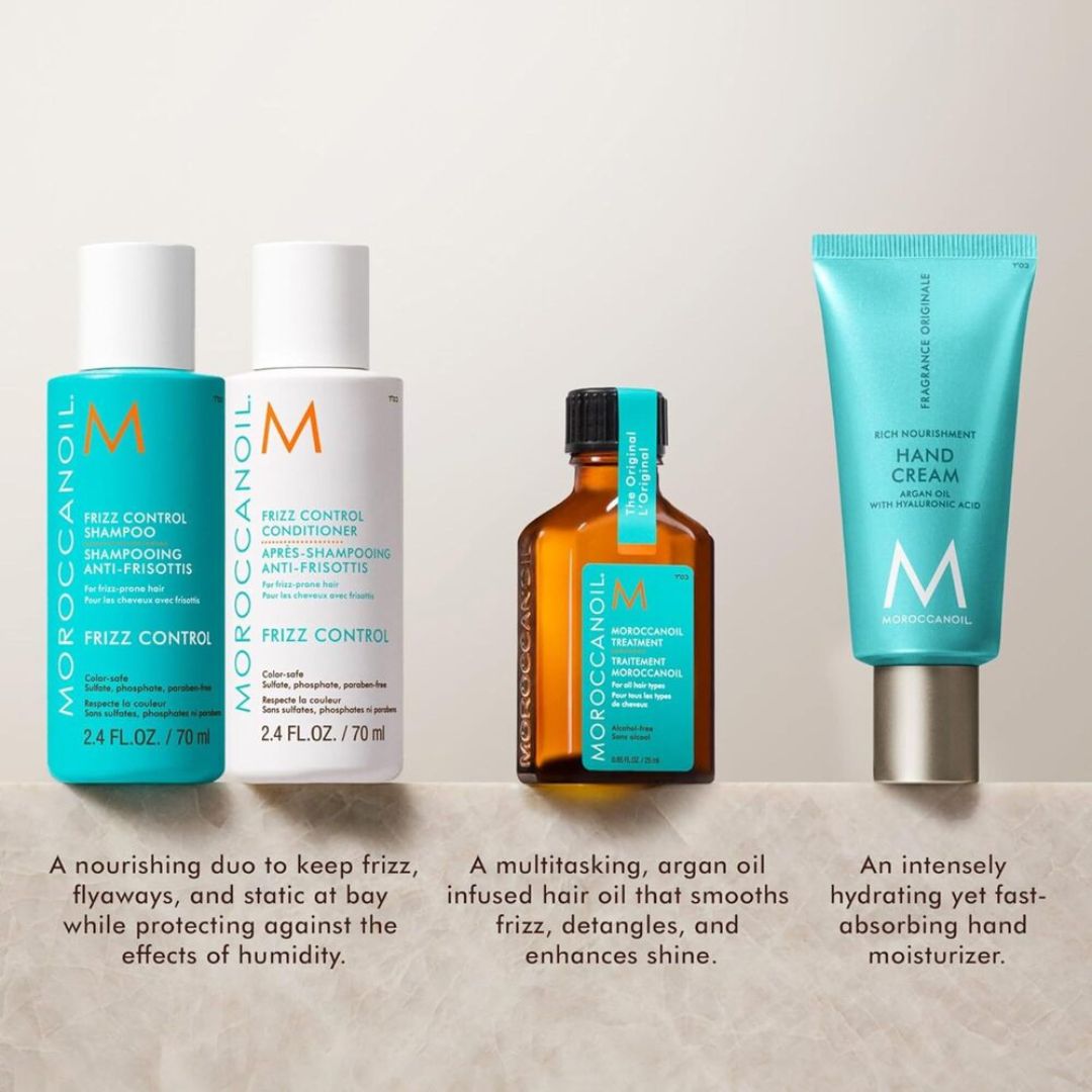 Moroccanoil hair care set featuring Frizz Control Shampoo, Frizz Control Conditioner, an Argan Oil bottle, and a Hand Cream tube, displayed on a neutral background with descriptive text below.