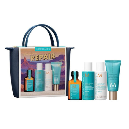 Moroccanoil repair product set with a tote bag on a white background