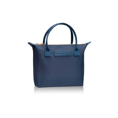 Blue handbag with a visible brand logo on a white background
