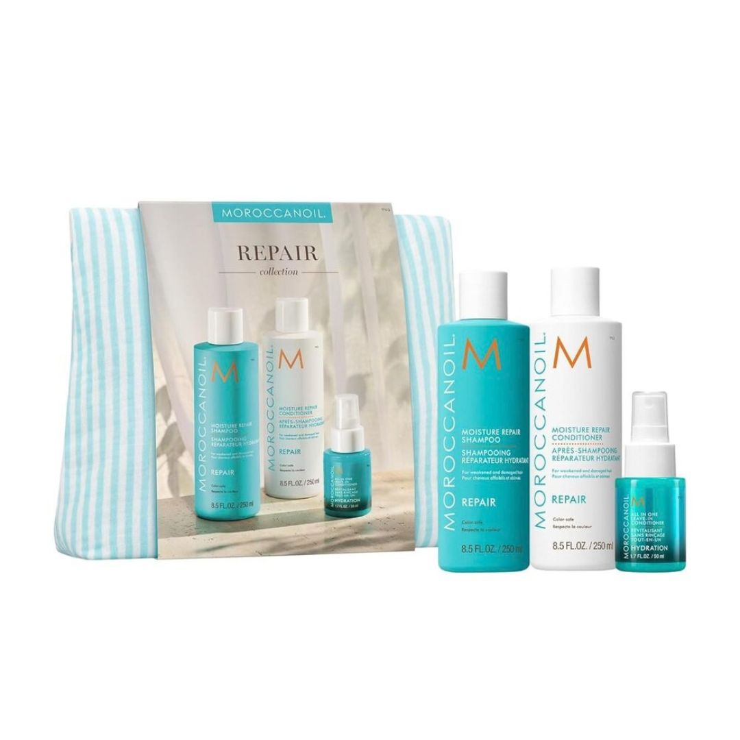 Moroccanoil hair care product set with shampoo, conditioner, and other items on a white background