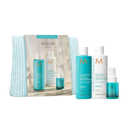 Moroccanoil hair care product set with shampoo, conditioner, and other items on a white background