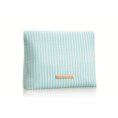 A rectangular fabric pouch with vertical mint green and white stripes, featuring a small gold-tone metal brand plaque that reads 'MILIOCCANUM' on a clean white background.