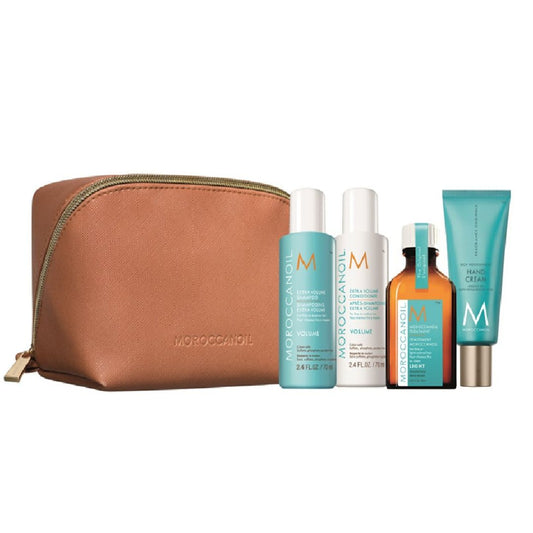 Moroccanoil skincare and hair care products with a brown pouch on a white background