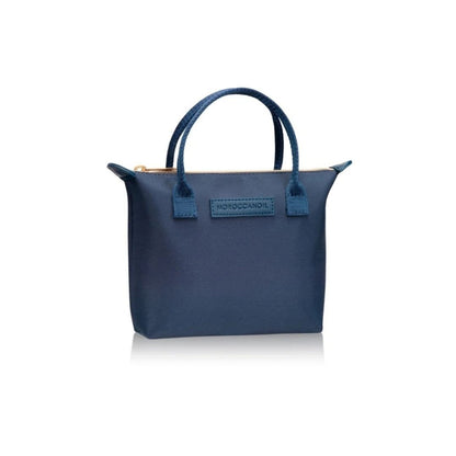 Blue handbag with a visible brand logo on a white background