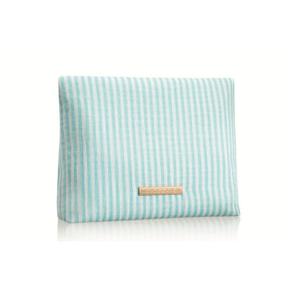 A rectangular fabric pouch with vertical mint green and white stripes, featuring a small gold-tone metal brand plaque that reads 'MISOGLAM'. The pouch is photographed on a clean white background with a soft reflection underneath.
