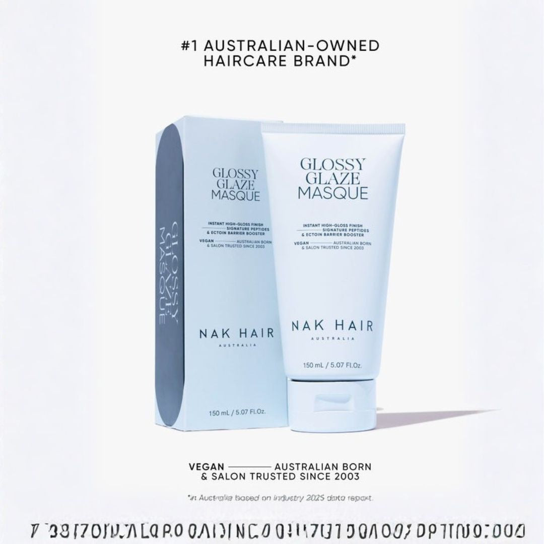 Nak Hair Glossy Glaze Masque haircare product shown with its matching box on a clean white background. The tube and box are pale icy blue with dark blue text, and promotional text above and below the product appears on the image.