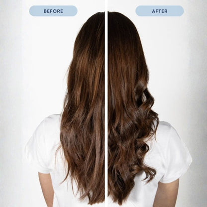 Before and after comparison of a woman's long brown hair, shown from the back. The left side is labeled 'BEFORE' and shows straighter, slightly frizzy hair, while the right side is labeled 'AFTER' and shows smoother, shinier, and more voluminous wavy hair.