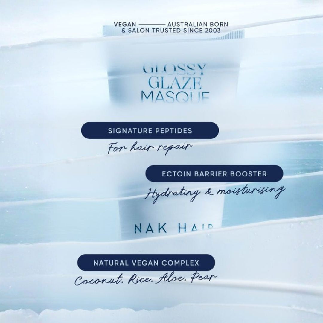Promotional graphic for Glossy Glaze Masque hair product, featuring a blurred white tube with blue text over a soft icy blue background, with feature callouts including signature peptides, ectoin barrier booster, and natural vegan complex.