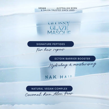 Promotional graphic for Glossy Glaze Masque hair product, featuring a blurred white tube with blue text over a soft icy blue background, with feature callouts including signature peptides, ectoin barrier booster, and natural vegan complex.