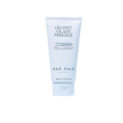 A 50 mL squeeze tube of Nak Hair Glossy Glaze Masque, featuring a light blue and white design with black text, centered on a plain white background.