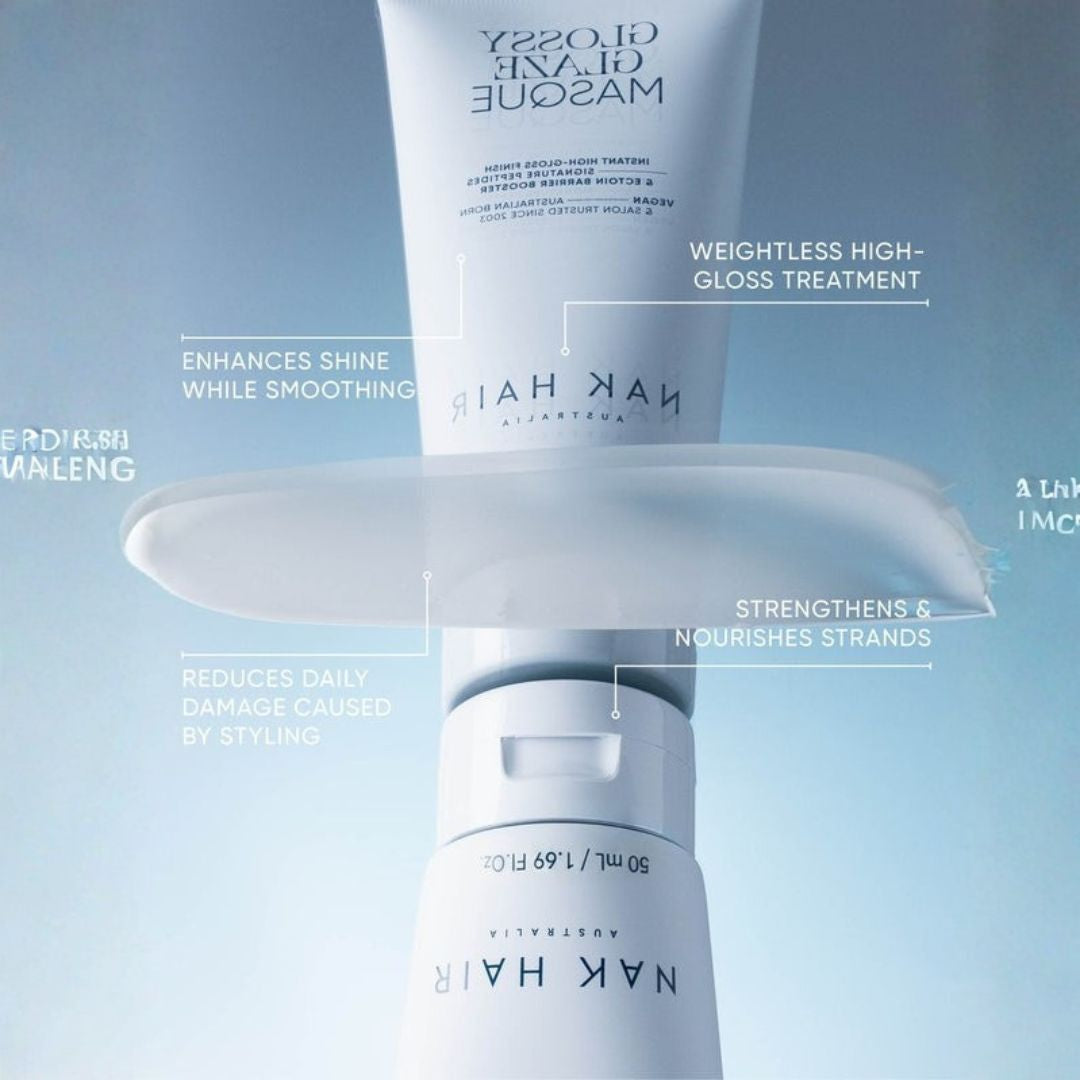 Nak Hair Gloss Masque hair treatment product shown with a white squeeze tube, a dollop of cream on a spatula, and a pump bottle against a soft blue gradient background, with callout text describing benefits.