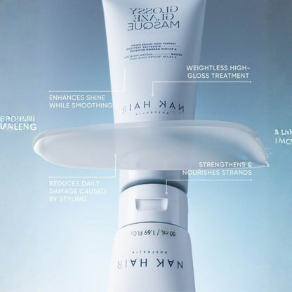 Nak Hair Gloss Masque hair treatment product shown with a white squeeze tube, a dollop of cream on a spatula, and a pump bottle against a soft blue gradient background, with callout text describing benefits.