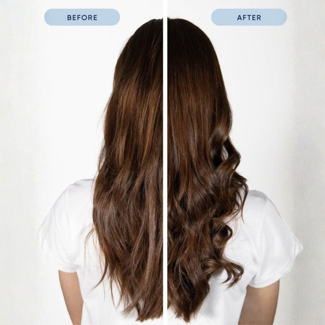 A split-screen comparison showing the back of a woman with long, wavy brown hair labeled 'BEFORE' on the left and 'AFTER' on the right, demonstrating a hair care or styling result.