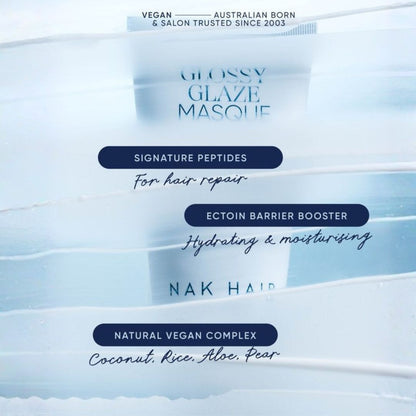 A promotional graphic for Glossy Glaze Masque by NAK HAIR, featuring a frosted tube of hair mask with text highlighting key ingredients and benefits on a light blue textured background.