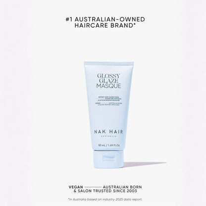 A light blue squeeze tube of Glossy Glaze Masque haircare by NAK Hair Australia, centered on a white background with promotional text above and below.