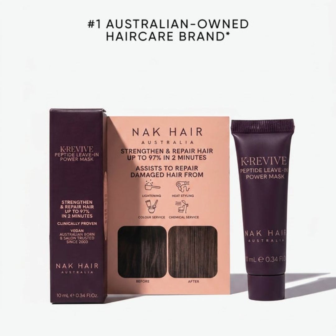 Nak Hair Krevive Peptide Leave-In Power Mask set, featuring a dark purple squeeze tube, its pink and white cardboard packaging box, and the dark purple outer carton, displayed against a clean white background with promotional text at the top.
