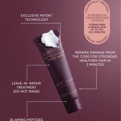 Krevive Leave-In Power Mask tube by NAK HAIR AUSTRALIA on a dark plum background with white text callouts and a peach circular badge.