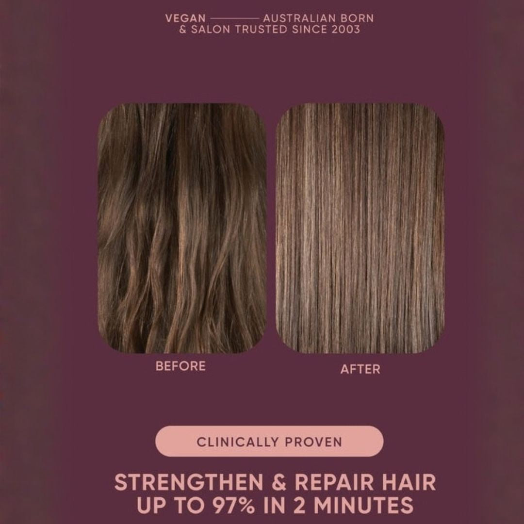 Promotional graphic for a hair strengthening and repair product, showing two side-by-side hair texture panels labeled 'BEFORE' and 'AFTER' on a dark mauve background with text claims at the top and bottom.