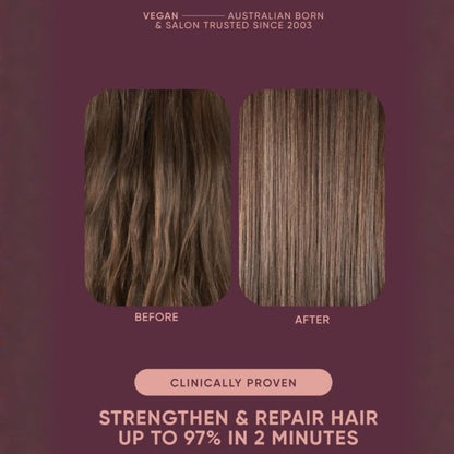 Promotional graphic for a hair strengthening and repair product, showing two side-by-side hair texture panels labeled 'BEFORE' and 'AFTER' on a dark mauve background with text claims at the top and bottom.