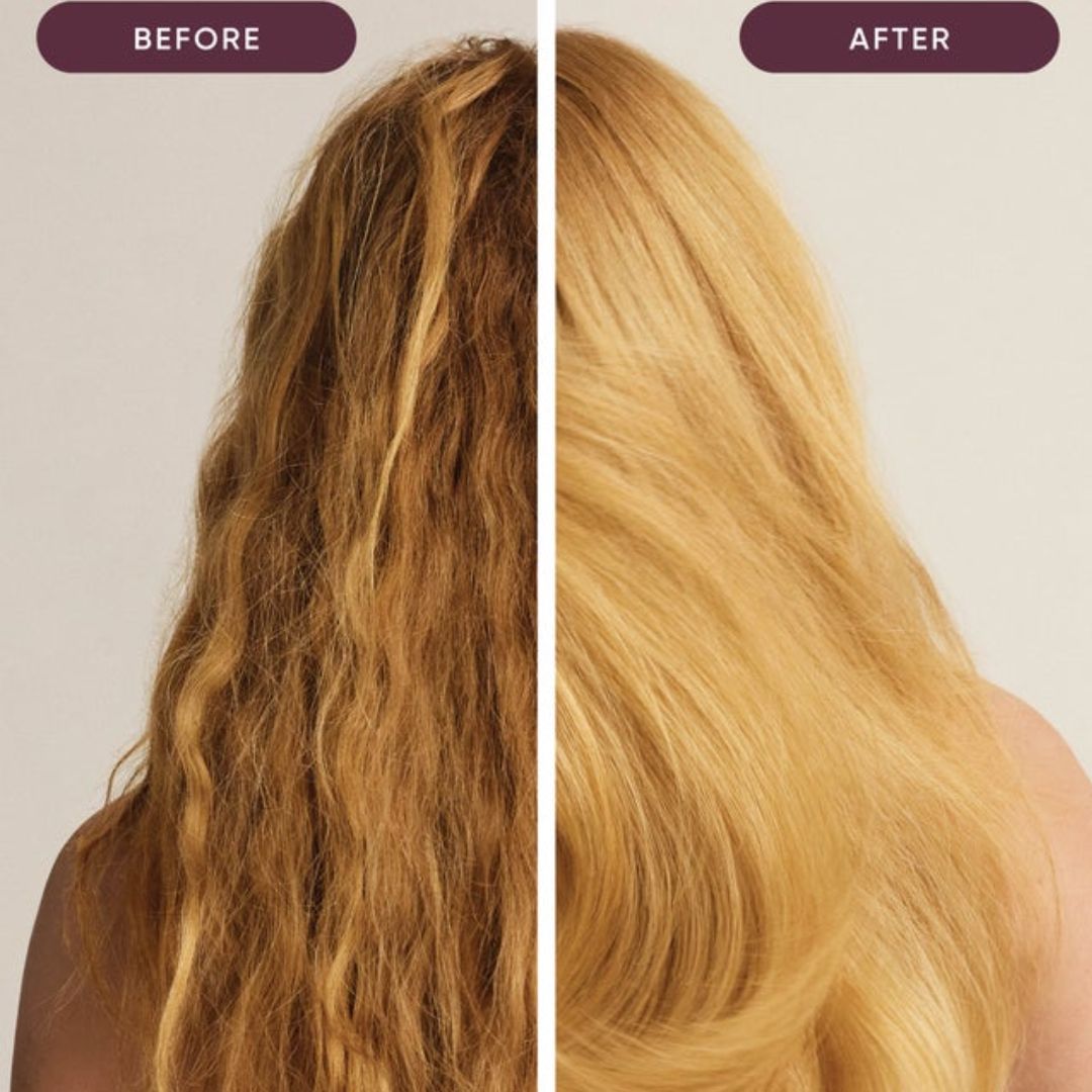 Before and after comparison of long wavy hair, showing frizzy, dry brown hair on the left and smooth, shiny blonde hair on the right, with 'BEFORE' and 'AFTER' labels at the top.