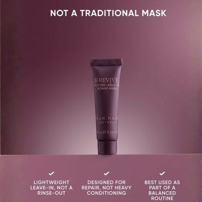 Krevive In Stick Leave-In Power Mask in a dark plum squeeze tube, centered on a matching plum gradient background with marketing text above and below.