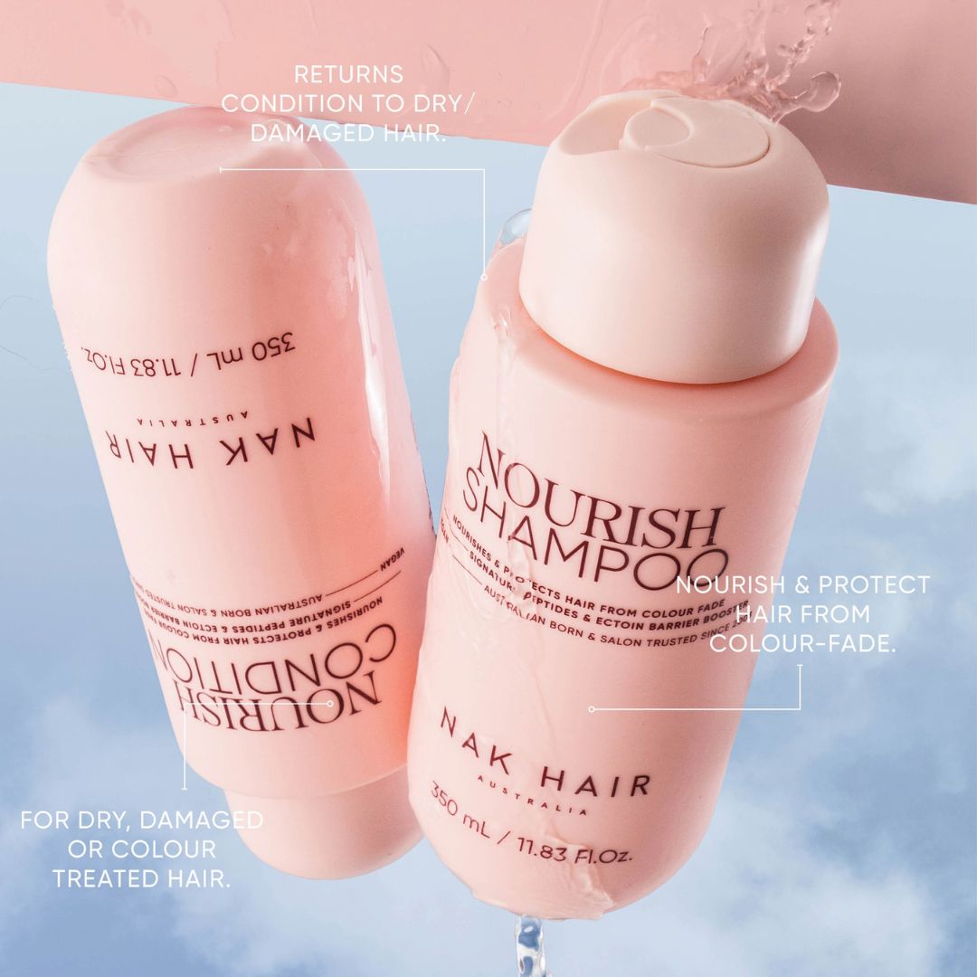 Two pink bottles of NAK HAIR nourish shampoo and conditioner arranged on a light blue and pink background with text callouts.