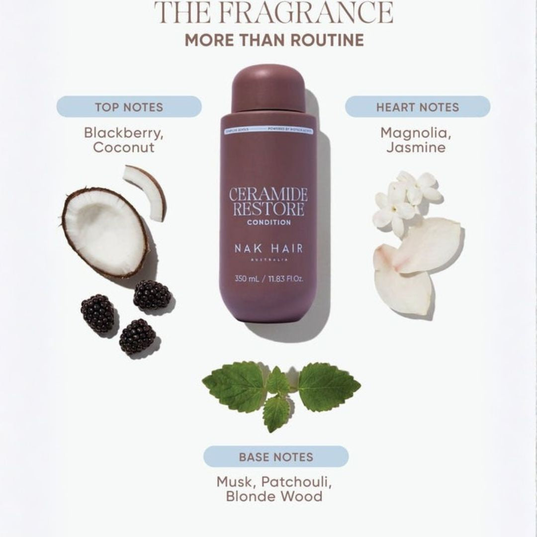 A bottle of NAK HAIR Ceramide Restore Condition hair care product centered on a white background, surrounded by ingredient illustrations and text labels for top and base notes.