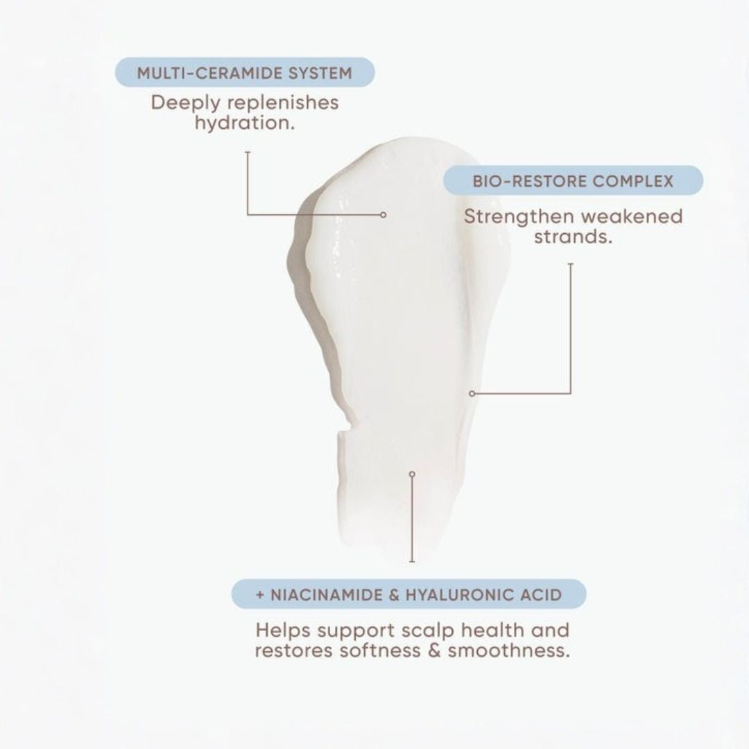 A white cosmetic cream smear on a light gray background with callout labels describing key ingredients and benefits: multi-ceramide system for hydration, bio-restore complex for weakened strands, and niacinamide & hyaluronic acid for scalp health and softness.