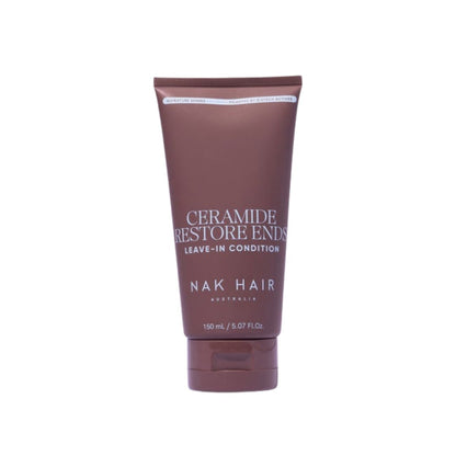 A 150 mL squeeze tube of NAK HAIR Ceramide Restore Enrich Leave-In Condition, in a dark reddish-brown color with white text, on a plain white background.