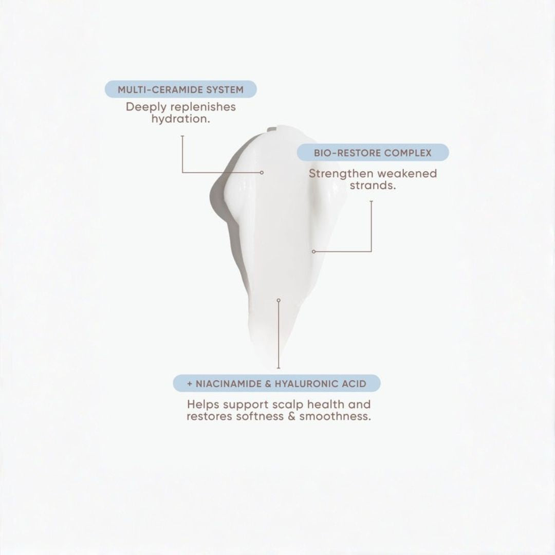 A white hair-shaped graphic on a light gray background with callout labels describing three scalp-support ingredients: multi-ceramide system, bio-restore complex, and niacinamide & hyaluronic acid.
