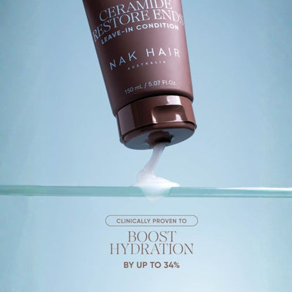 A squeeze tube of Nak Hair leave-in conditioner with white cream dripping onto a clear glass surface against a light blue background. Text below reads 'Clinically Proven to Boost Hydration by up to 36%'.