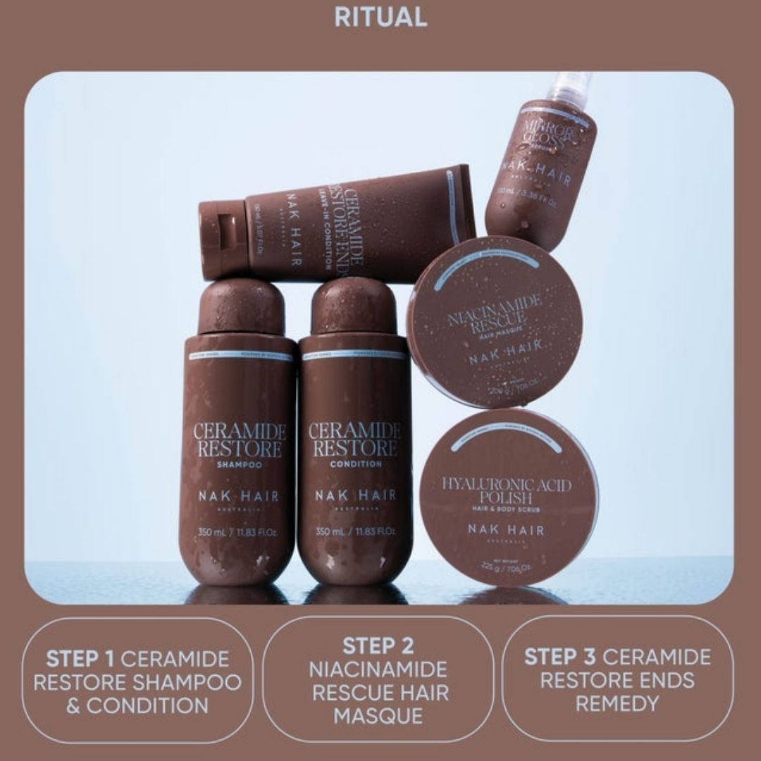 A set of brown haircare products from NAK HAIR arranged on a light blue reflective surface, with a brown border and text labels reading RITUAL and three step descriptions: Step 1 Ceramide Restore Shampoo & Condition, Step 2 Niacinamide Rescue Hair Mask, and Step 3 Ceramide Restore Ends Remedy.
