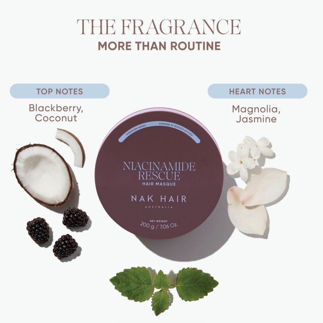 Nak Hair Niacinamide Rescue Hair Mask in a round mauve-brown tin, surrounded by botanical and fruit illustrations representing its scent notes: blackberry, coconut, magnolia, and jasmine. The image includes the text 'THE FRAGRANCE MORE THAN ROUTINE' and 'TOP NOTES Blackberry, Coconut' and 'HEART NOTES Magnolia, Jasmine'.