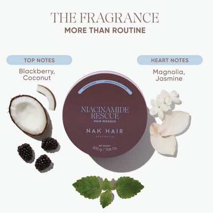 Nak Hair Niacinamide Rescue Hair Mask in a round mauve-brown tin, surrounded by botanical and fruit illustrations representing its scent notes: blackberry, coconut, magnolia, and jasmine. The image includes the text 'THE FRAGRANCE MORE THAN ROUTINE' and 'TOP NOTES Blackberry, Coconut' and 'HEART NOTES Magnolia, Jasmine'.