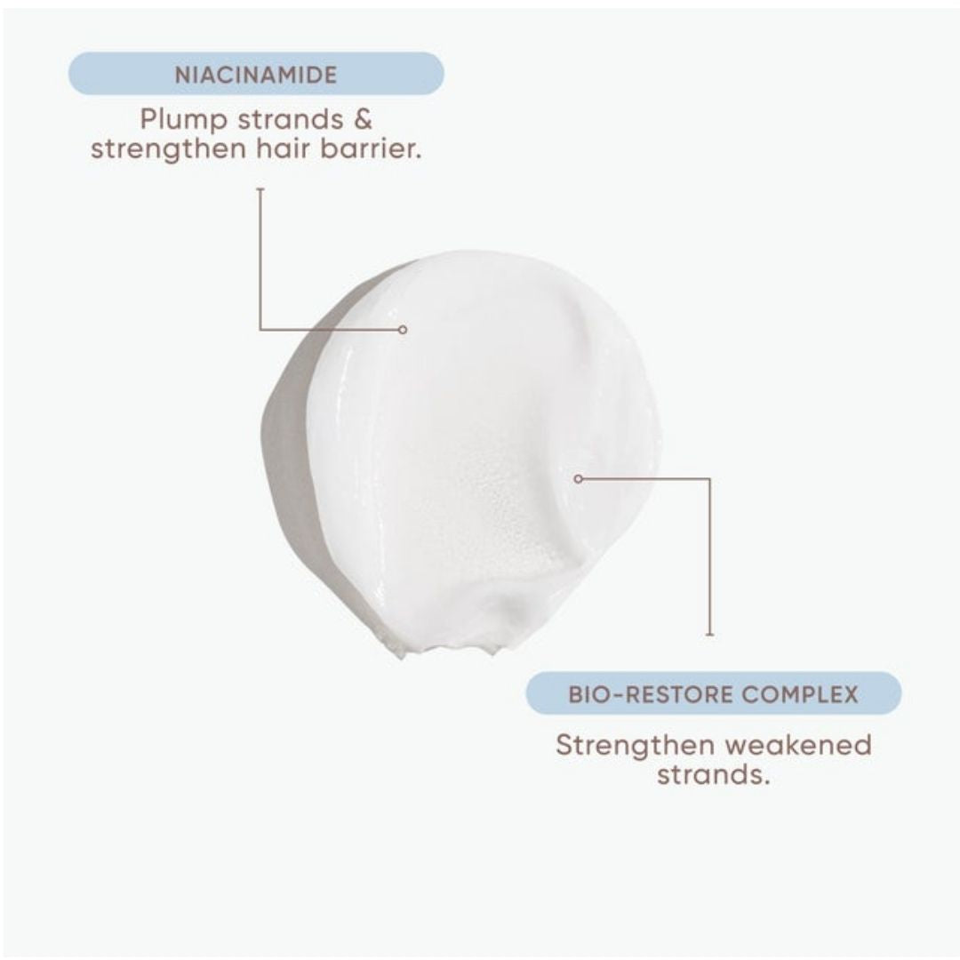 A white cosmetic cream smear on a light gray background with callout text reading 'NIACINAMIDE' and 'BIO-RESTORE COMPLEX' plus descriptive benefits.