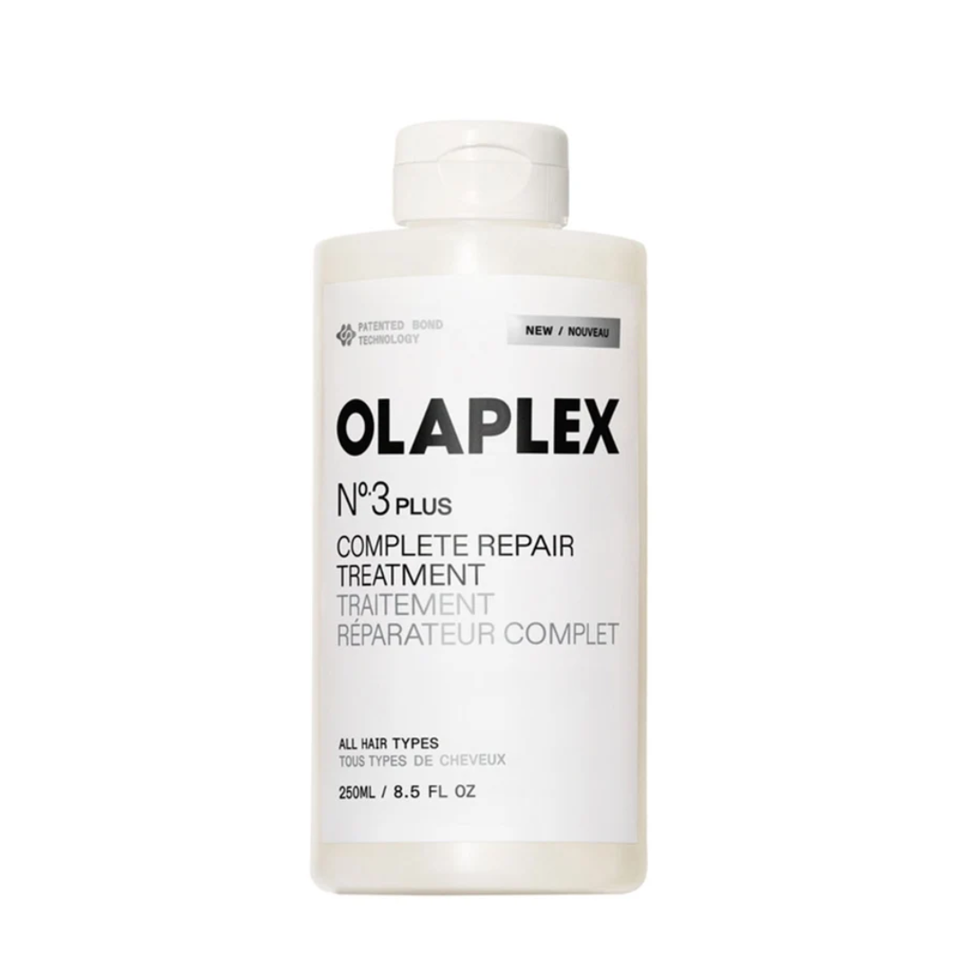 A white bottle of OLAPLEX No. 3 Plus Complete Repair Treatment with black text on a white background.