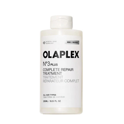 A white bottle of OLAPLEX No. 3 Plus Complete Repair Treatment with black text on a white background.