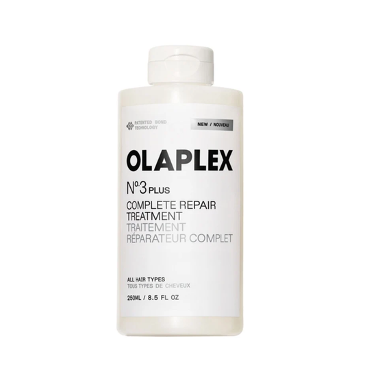 A white bottle of OLAPLEX No. 3 Plus Complete Repair Treatment with black text on a white background.