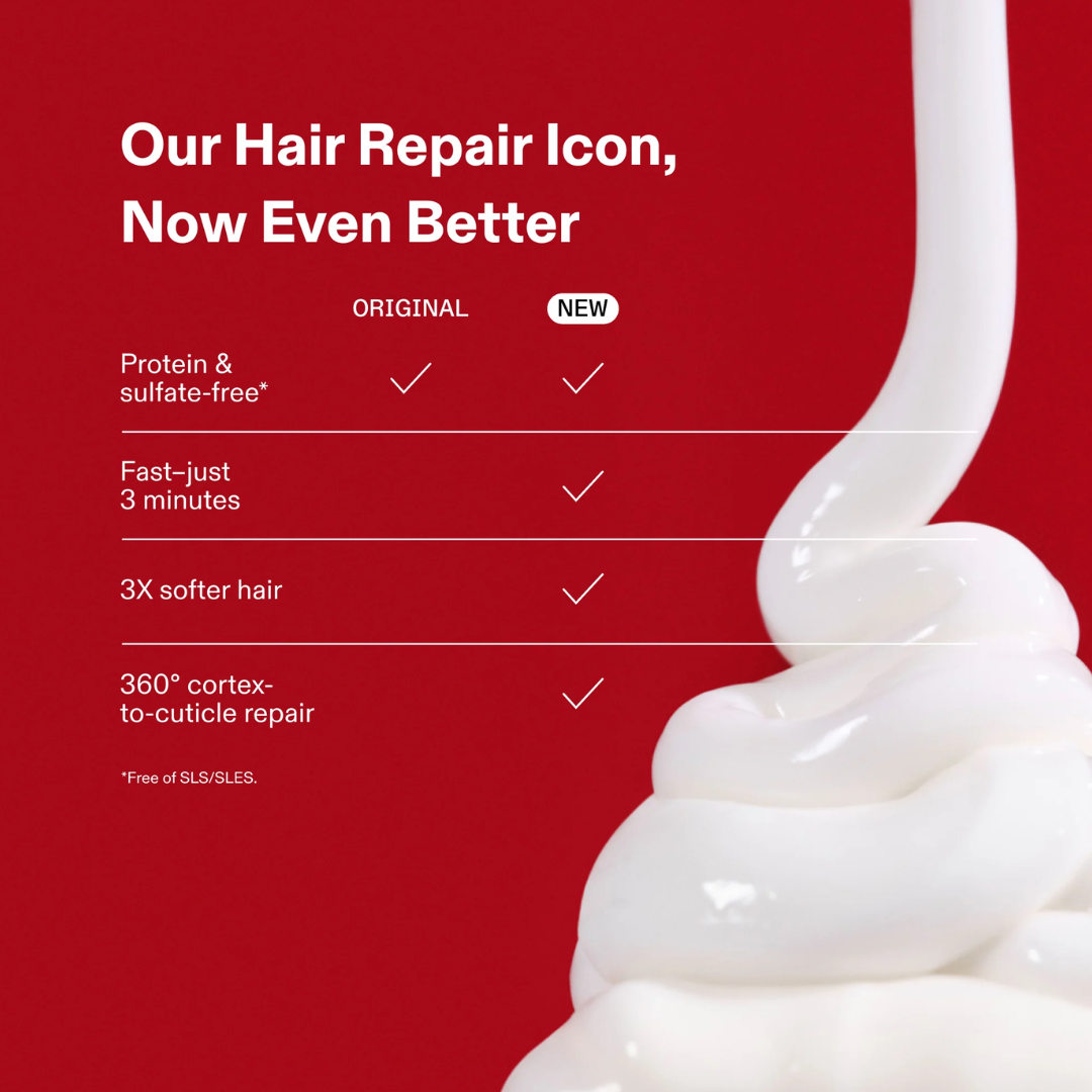 Red promotional graphic with white text reading 'Our Hair Repair Icon, Now Even Better' and a comparison table for original vs new hair repair treatment. A thick swirl of white cream is shown on the right side.