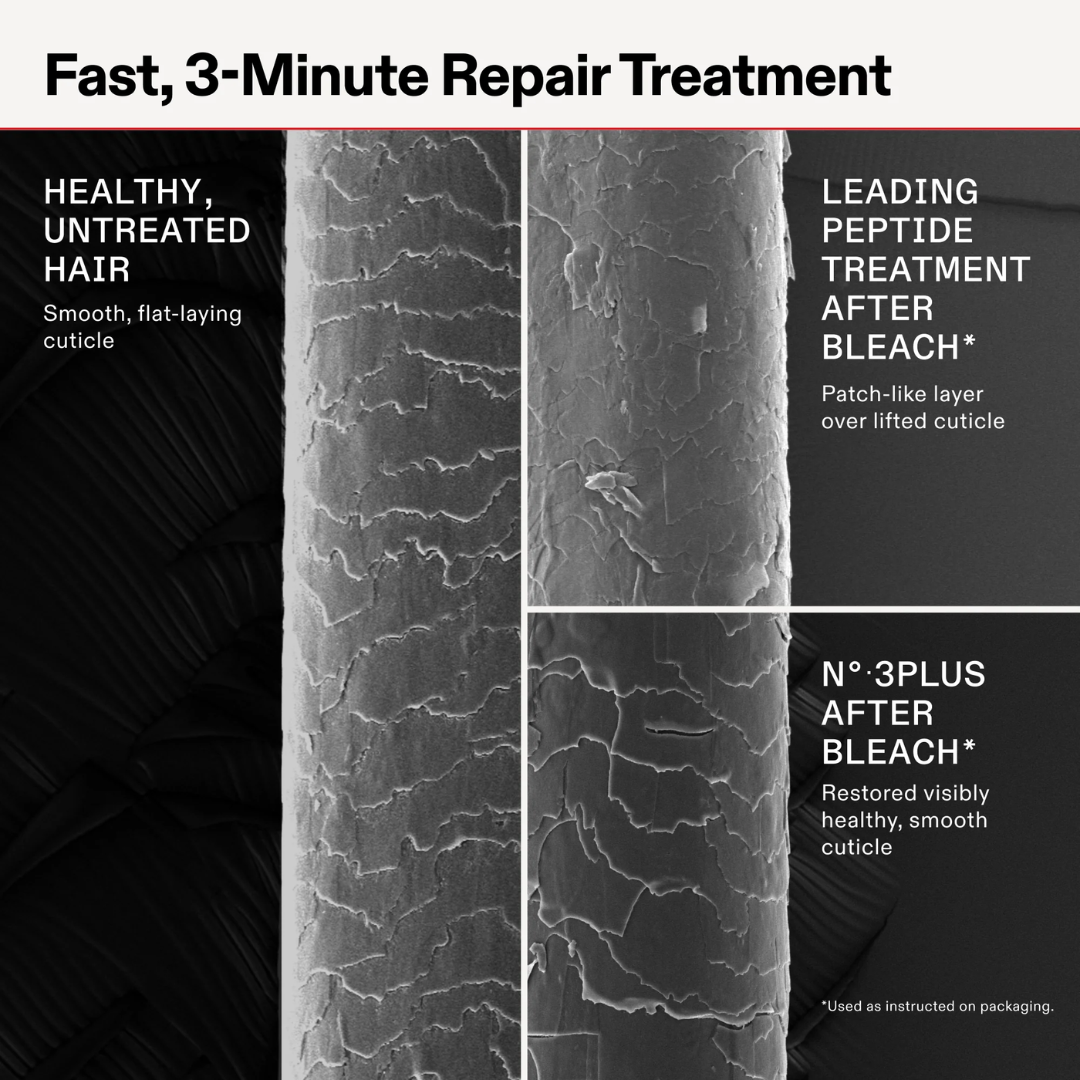 Comparison of healthy, untreated hair and hair treated with a peptide repair treatment after bleach.