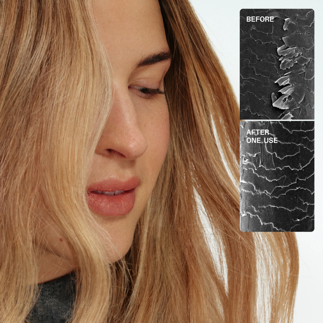Close-up of a woman with long blonde hair next to two rectangular comparison panels showing cracked skin labeled BEFORE and AFTER ONE USE.