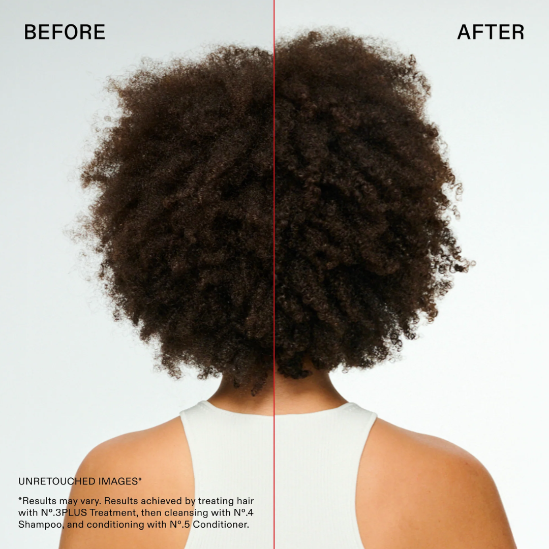 Before and after comparison of hair texture and volume, showing a person from the back with dark curly hair. The left side is labeled BEFORE and appears slightly flatter, while the right side is labeled AFTER and shows fuller, tighter curls.