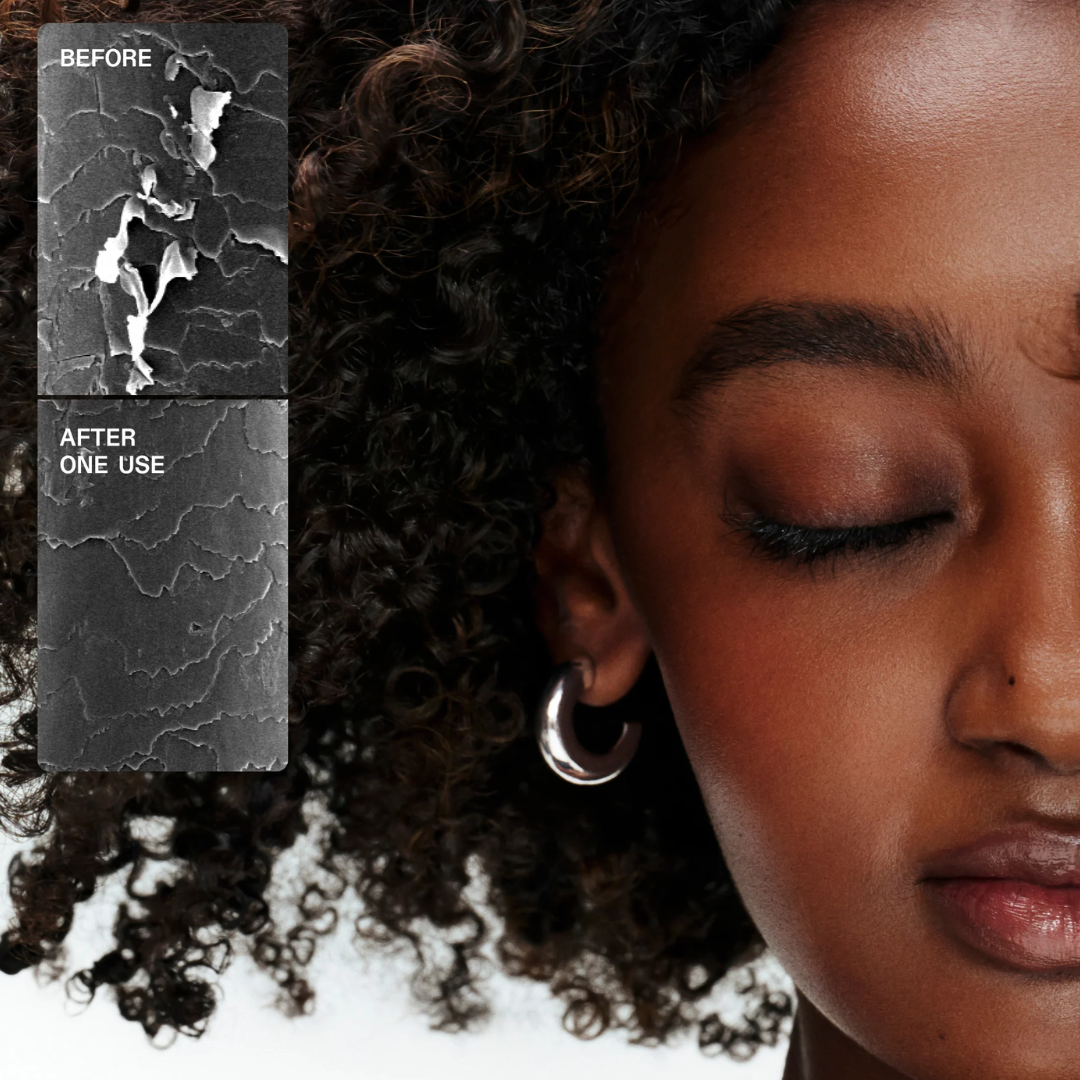 Close-up of a woman with curly dark hair wearing a silver crescent hoop earring, next to a before-and-after inset showing textured skin improvement. Text reads 'BEFORE' and 'AFTER ONE USE'.