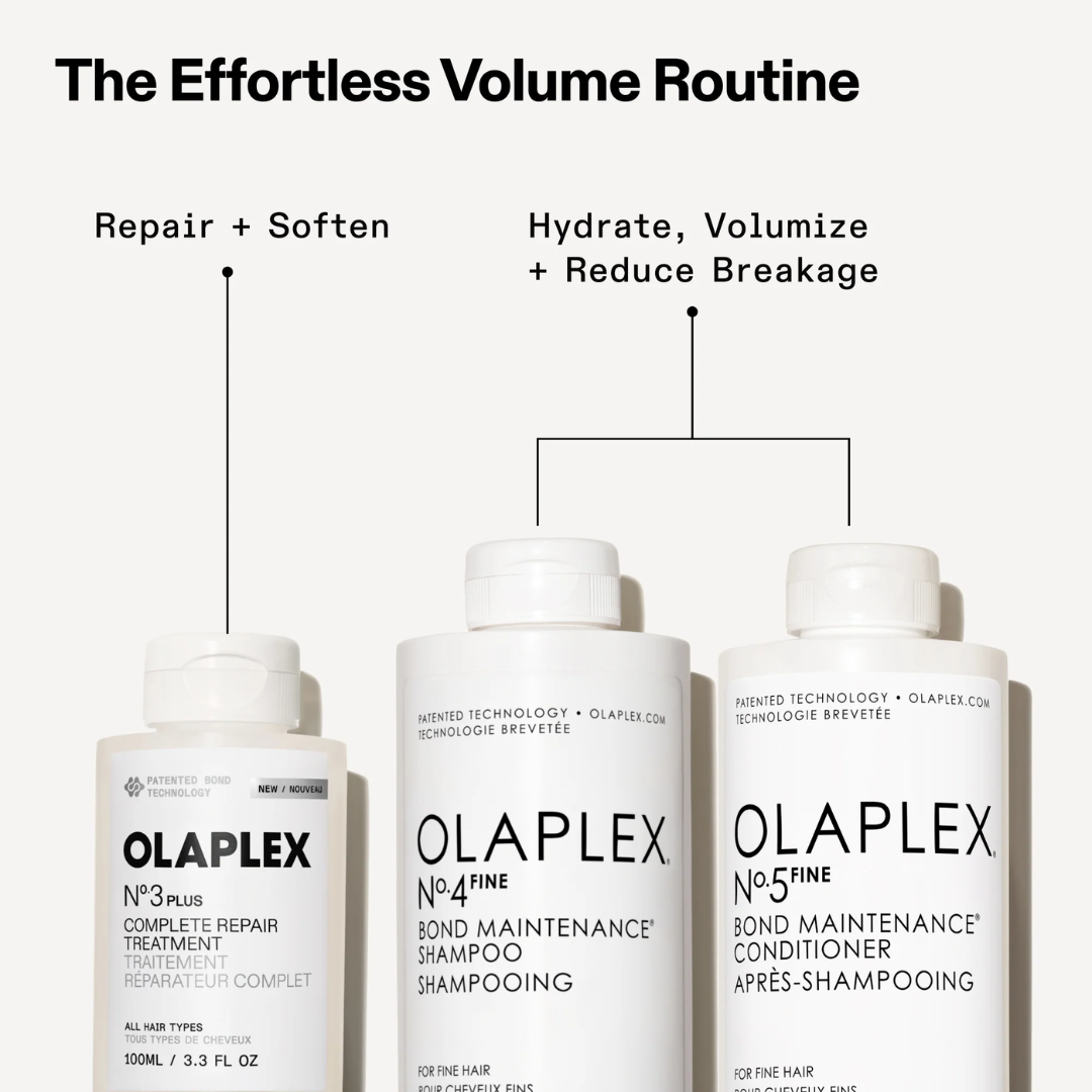 Three white Olaplex hair care bottles labeled No.3 Plus, No.